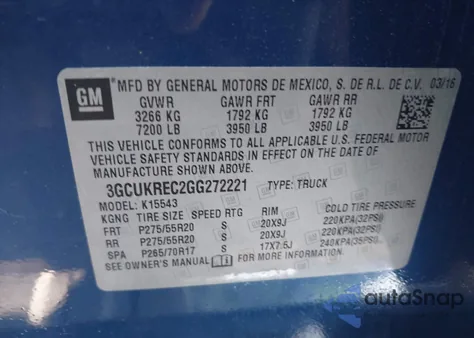 2016 Chevrolet Silverado 1500 2Lt from USA, damaged, VIN 3GCUKREC2GG272221